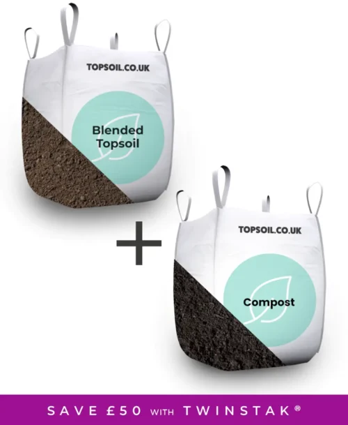 Compost plus Blended Topsoil bulk bags stacked to save money and haulage space which is beneficial for the environment. Huge savings with the patented Twinstak method.