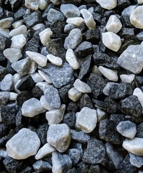 Black and Grey White Hard wearing chippings called Black Ice. Also known as Panda Gravel