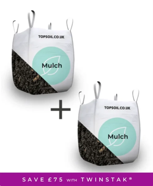 Two bulk bags of Mulch as a Twinstak with a sale flash showing the money saving available