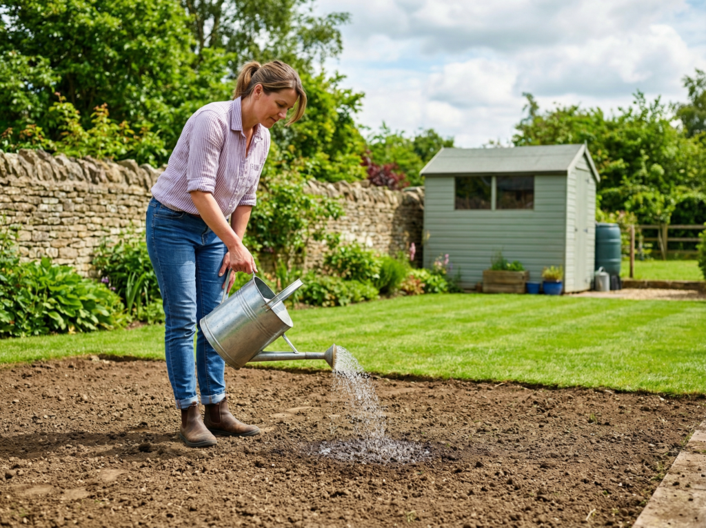 Lightly water soil before laying new turf