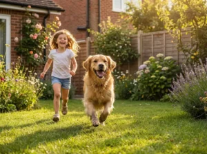 Dog running with a child on a family garden lawn in the summer