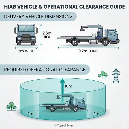 Infographic showing the size of a hiab vehicle and the clearance dimensions required to operate