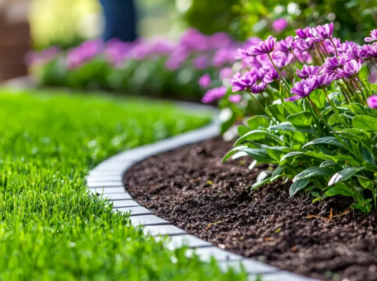 Topsoil in a flowerbed with edging and a natural green lawn