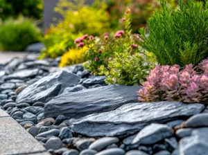 Slate and pebbles used in the garden