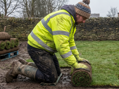 Man laying new turf in winter